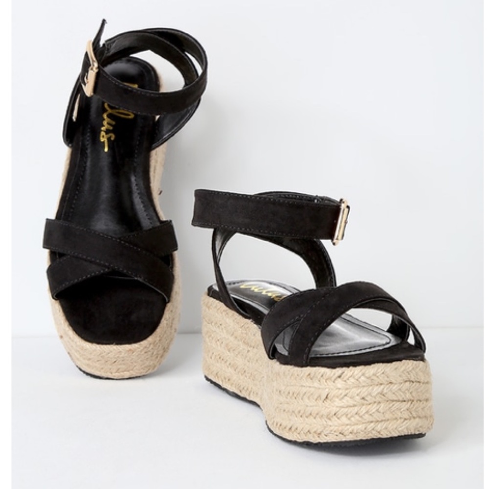 Black Vegan Suede Espadrille Platform Sandals - Picture 3 of 4